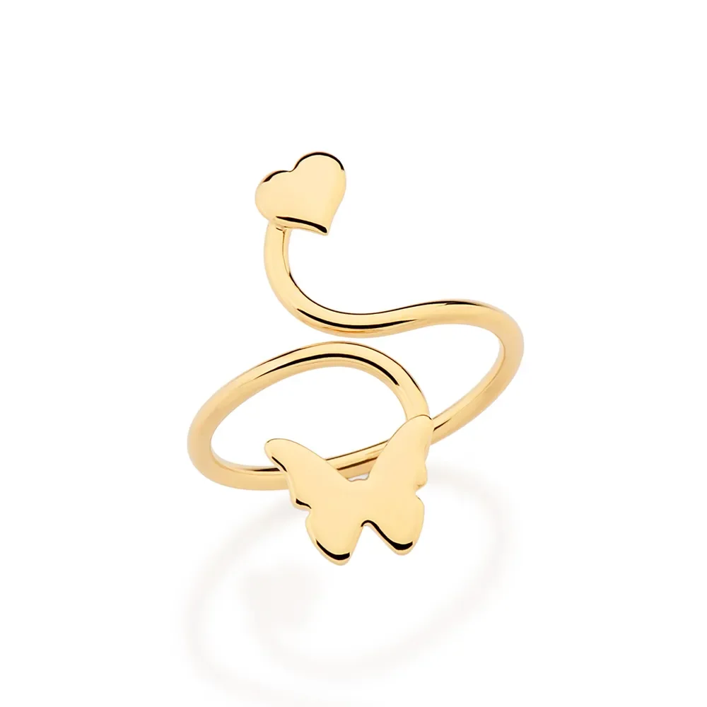 Anillo Ajustable Forma Corazón Mariposa Anillo Ajustable Con Forma De Corazón Y Mariposa Enchapado en Oro 18K