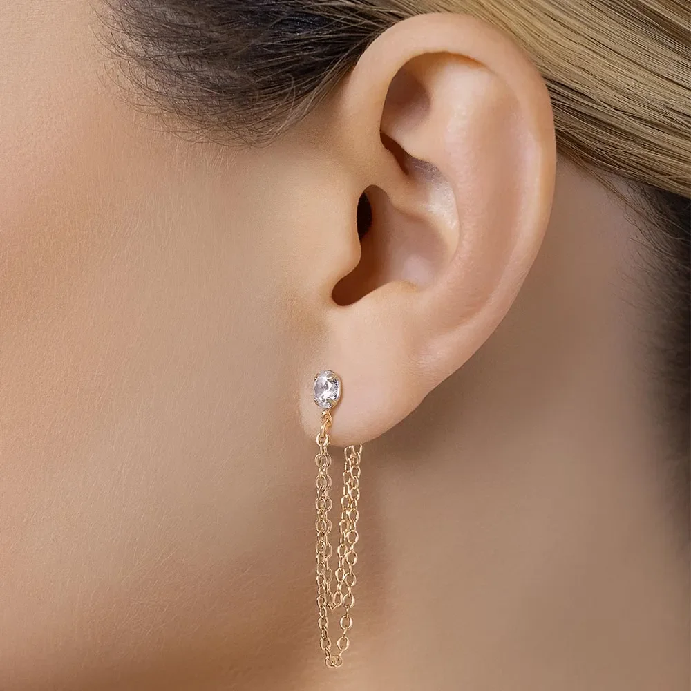 Aretes De Cadenita Con Circonia Enchapados En Oro 18K 5 Aretes De Cadenita Con Circonia Enchapados En Oro 18K - Imagen 3