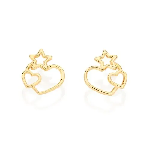 Aretes De Corazón Con Estrella Enchapados En Oro 18K 3 Aretes De Corazón Con Estrella Enchapados En Oro 18K