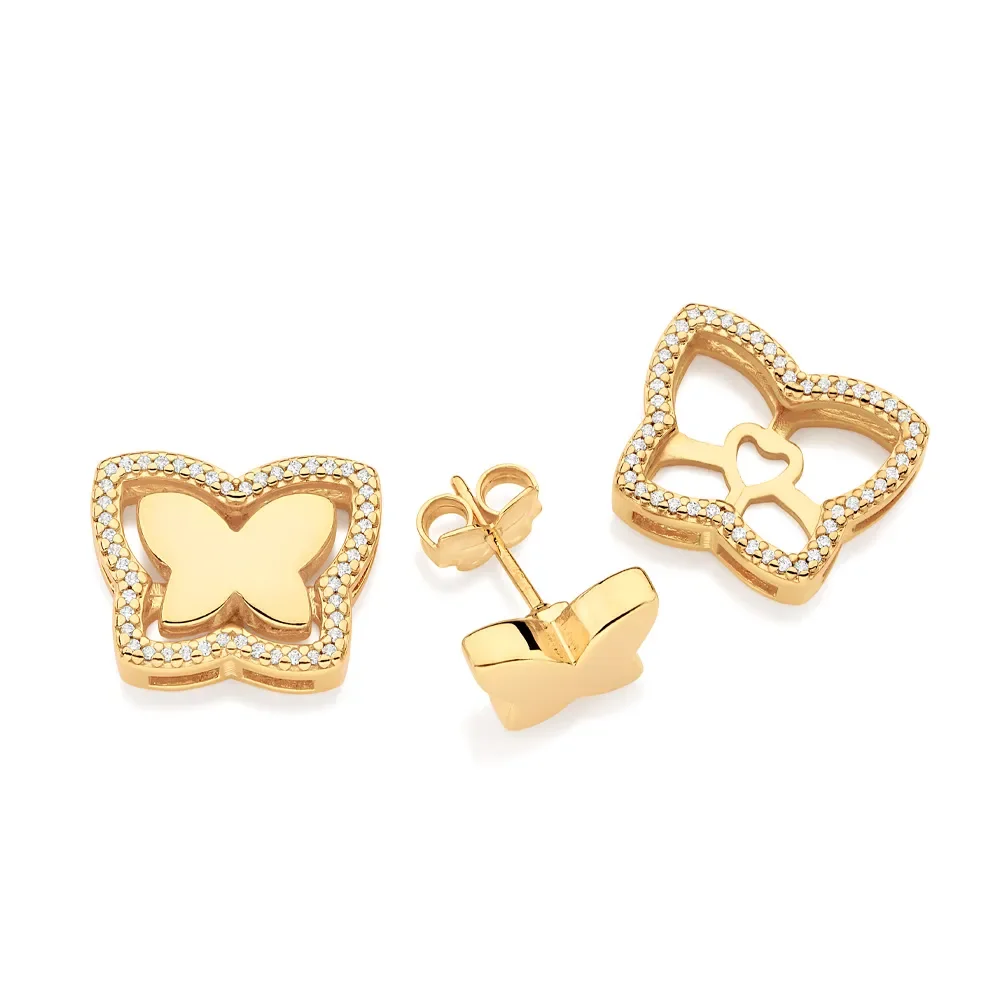Aretes Mariposa 96 Circonias Enchapados En Oro 18K 4 Aretes de mariposa con circonias en Enchapado en oro 18K para eventos especiales y uso diario