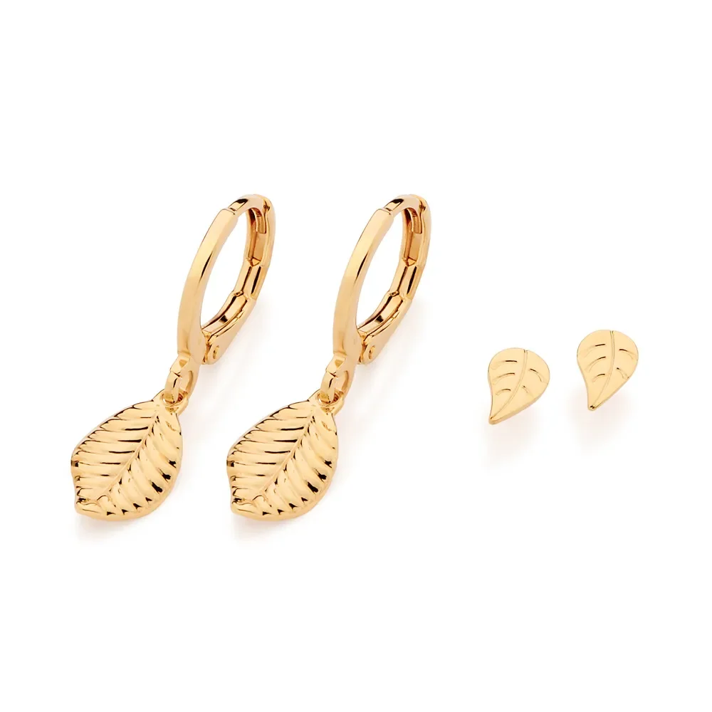 Kit De Argollas Y Aretes Con Hojas Colgantes Enchapada En Oro 18K Elegantes 3 Kit De Argollas Y Aretes Con Hojas Colgantes Enchapada En Oro 18K