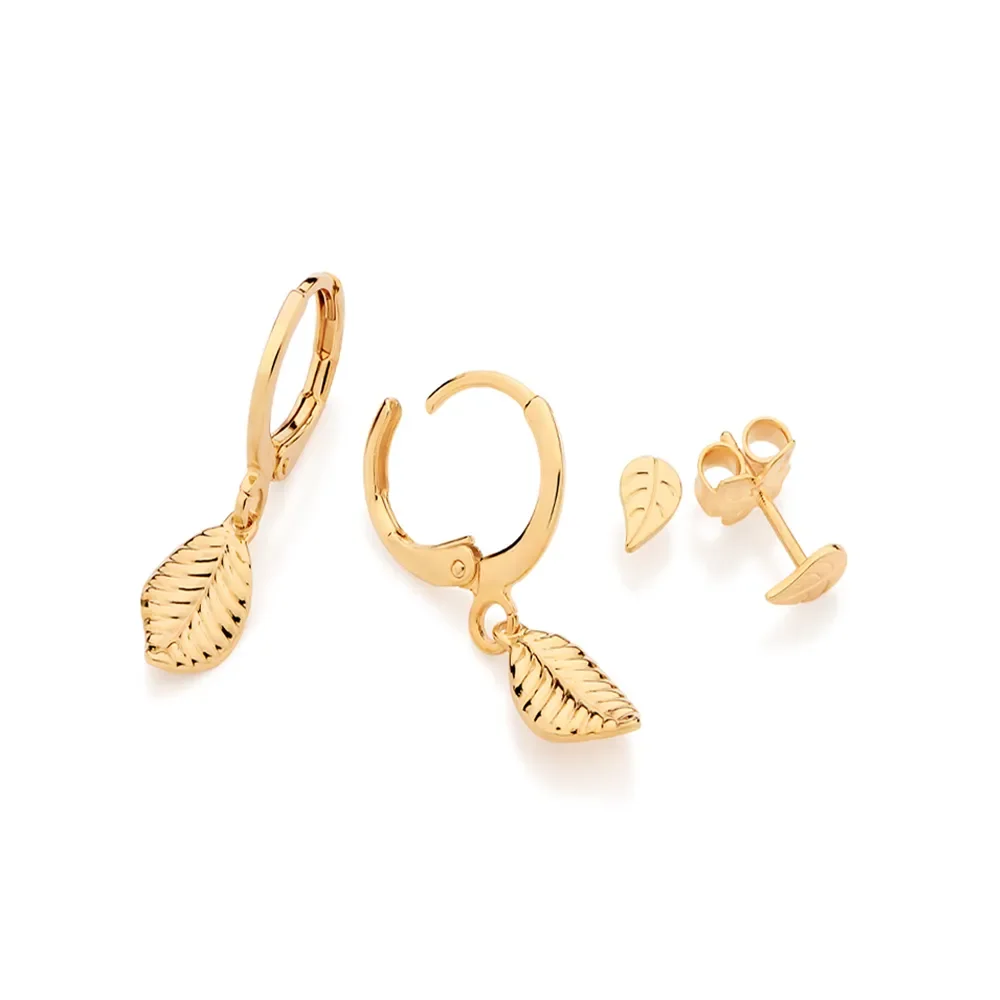 Kit De Argollas Y Aretes Con Hojas Colgantes Enchapada En Oro 18K Elegantes 4 Set de argollas y aretes con diseño de hojas colgantes para joyería elegante