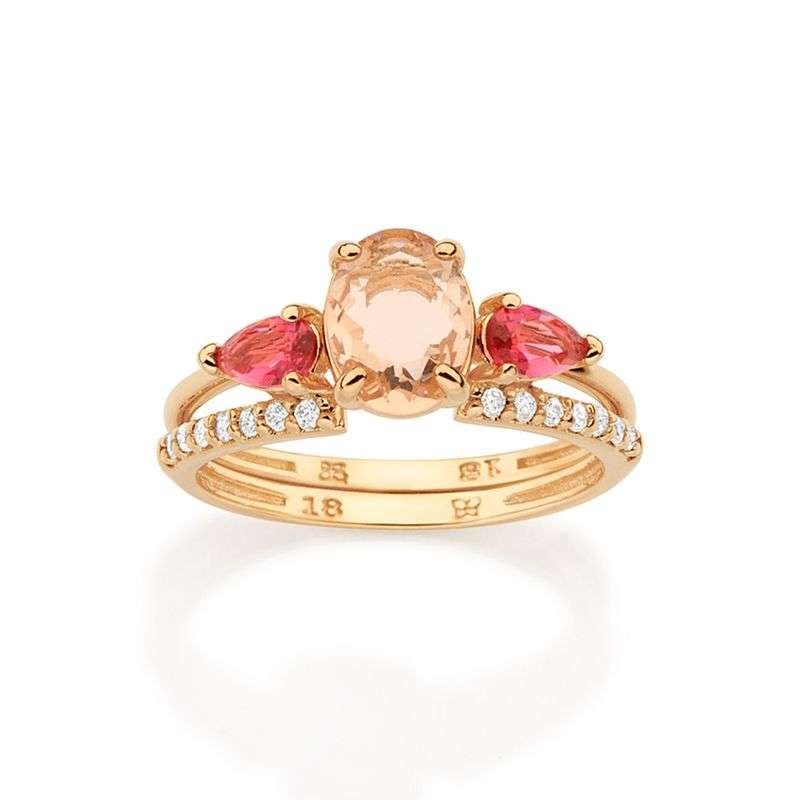 Anillo doble con circonias coloridas Enchapado en oro de 18k 6 Anillo doble con circonias coloridas Enchapado en oro de 18k - Imagen 5