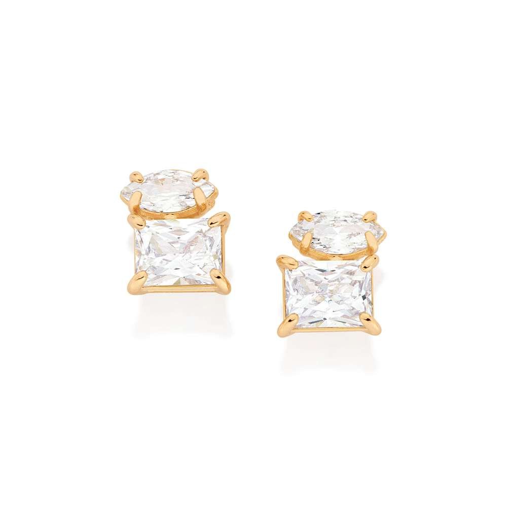 Aretes de 2 Circonias rectangulares enchapadas en Oro de 18k 4 Aretes de 2 Circonias rectangulares enchapadas en Oro de 18k - Imagen 2