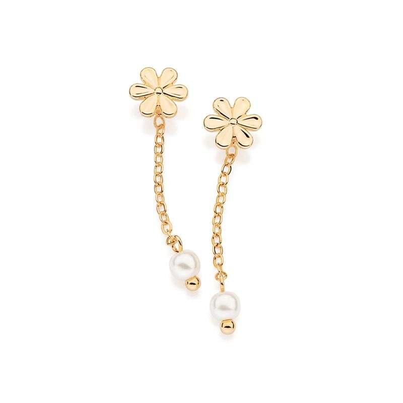 Aretes Flor con Perla Colgante Enchapados en Oro de 18k 4 Aretes Flor con Perla Colgante Enchapados en Oro de 18k - Imagen 2