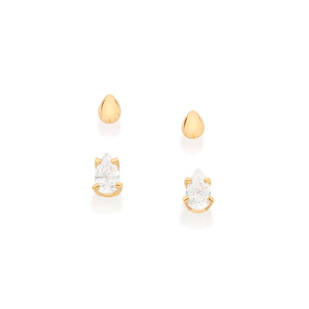 Aretes kit para dos huecos de gotas de rocío con circonias enchapadas en oro 18k 3 Aretes kit para dos huecos de gotas de rocío con circonias enchapadas en oro 18k