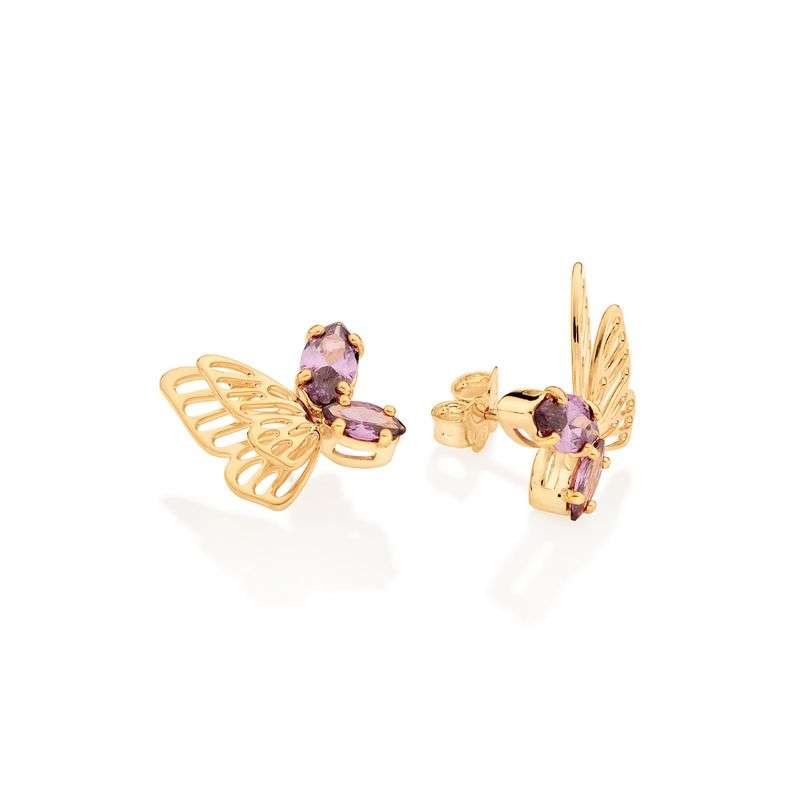 Aretes mariposa entrelazada con cristal morado enchapadas en oro 18k 3 Aretes mariposa entrelazada con cristal morado enchapadas en oro 18k