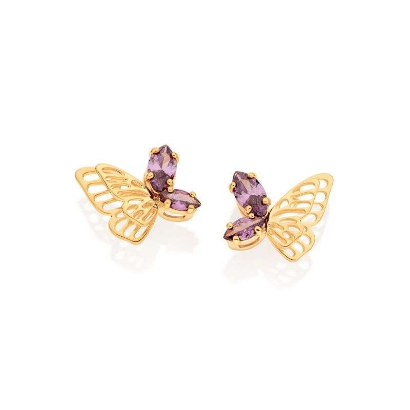 Aretes mariposa entrelazada con cristal morado enchapadas en oro 18k 5 Aretes mariposa entrelazada con cristal morado enchapadas en oro 18k - Imagen 3