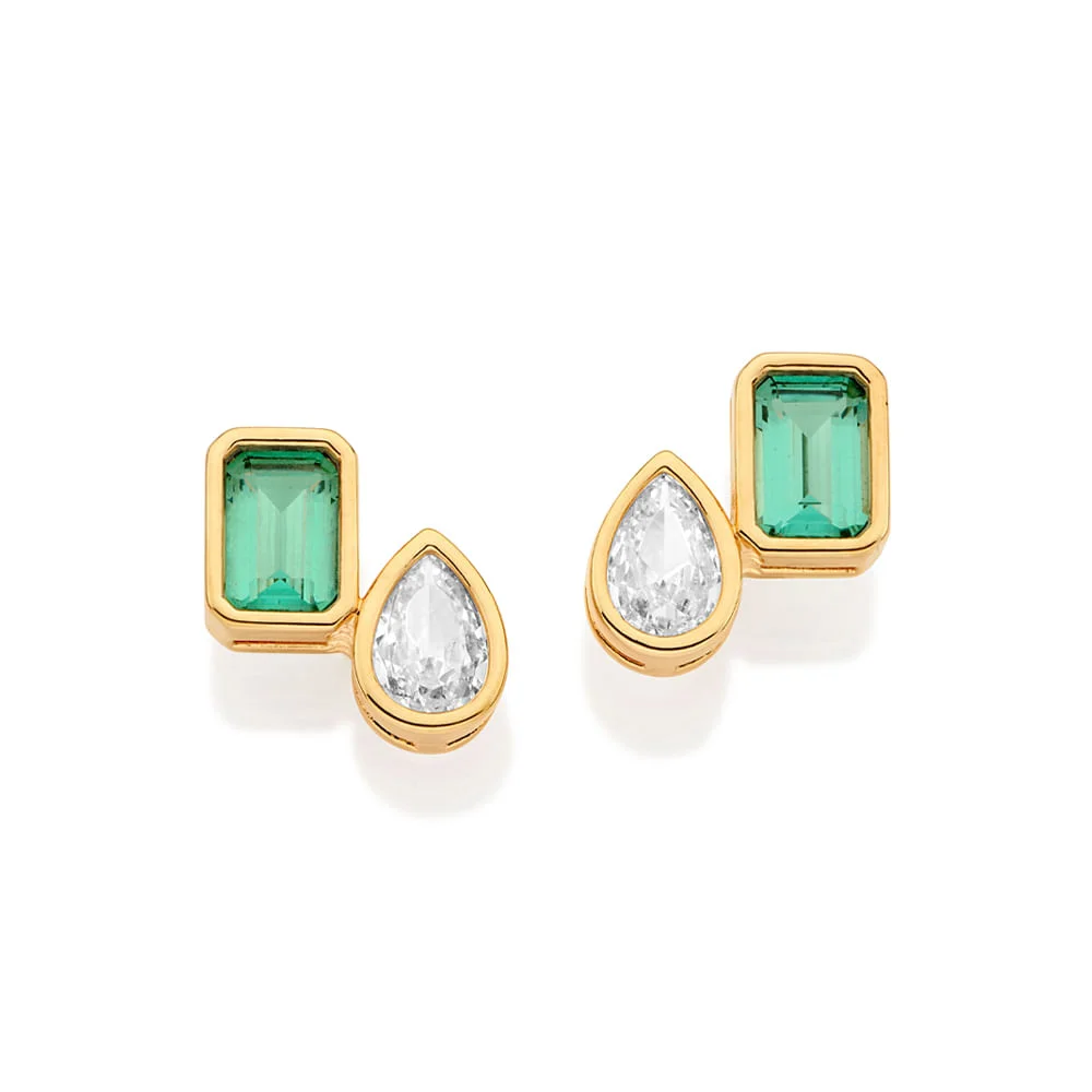 Aretes con dos circonias de color verde y blanca enchapada en oro 18K 3 Aretes con circonias