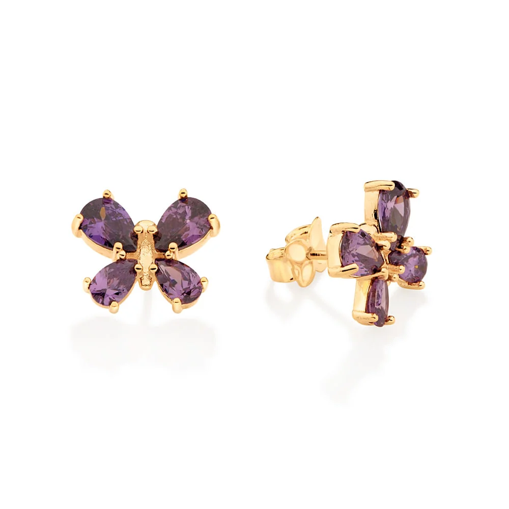 Aretes De Mariposa Con Circonia Lila Enchapadas En Oro De 18k - Imagen 2