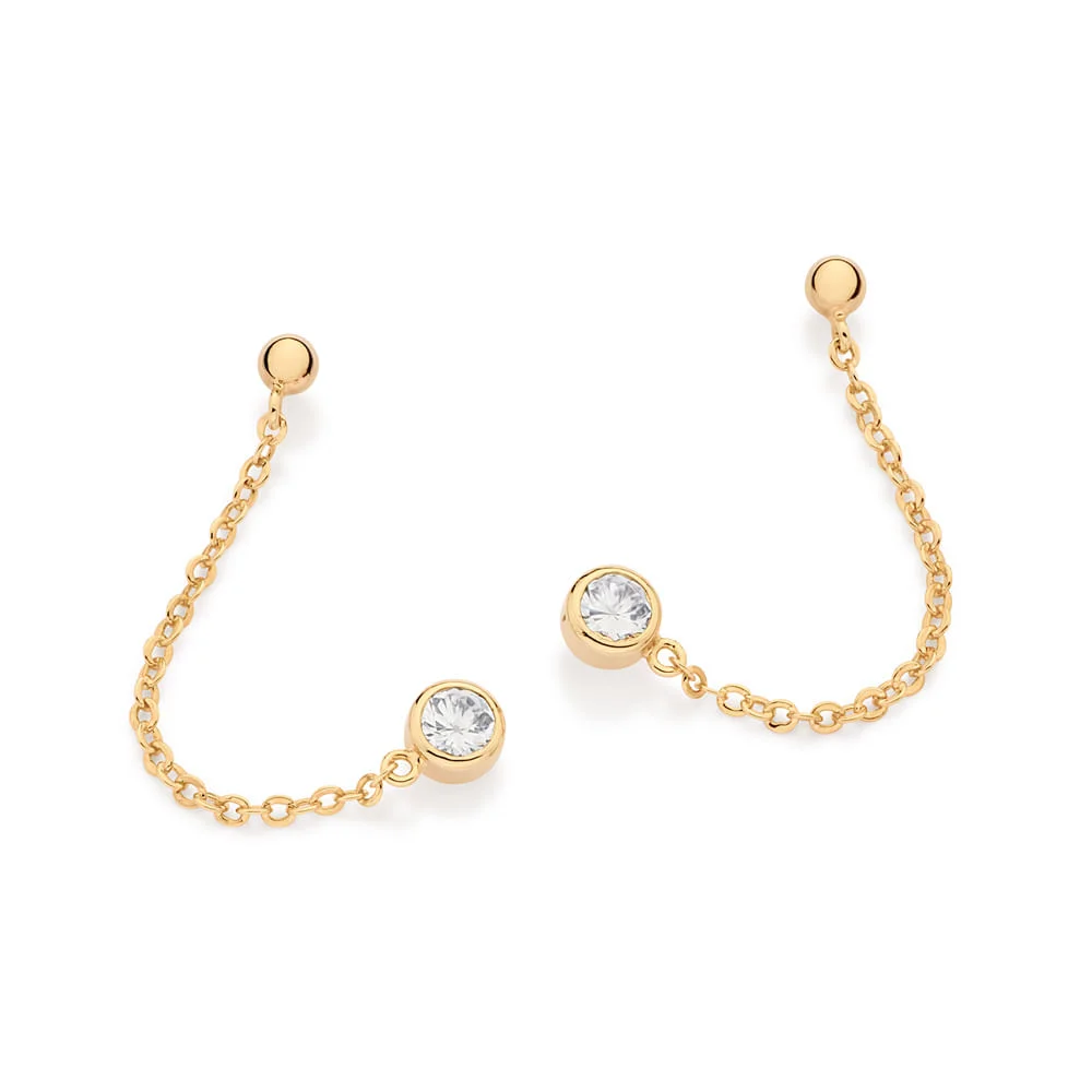 Aretes dobles con cadena y una circonia enchapados en oro 18k 3 Aretes dobles con cadena