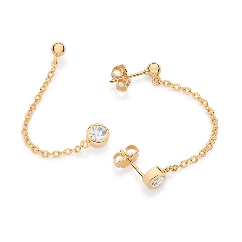 Aretes dobles con cadena y una circonia enchapados en oro 18k - Imagen 2
