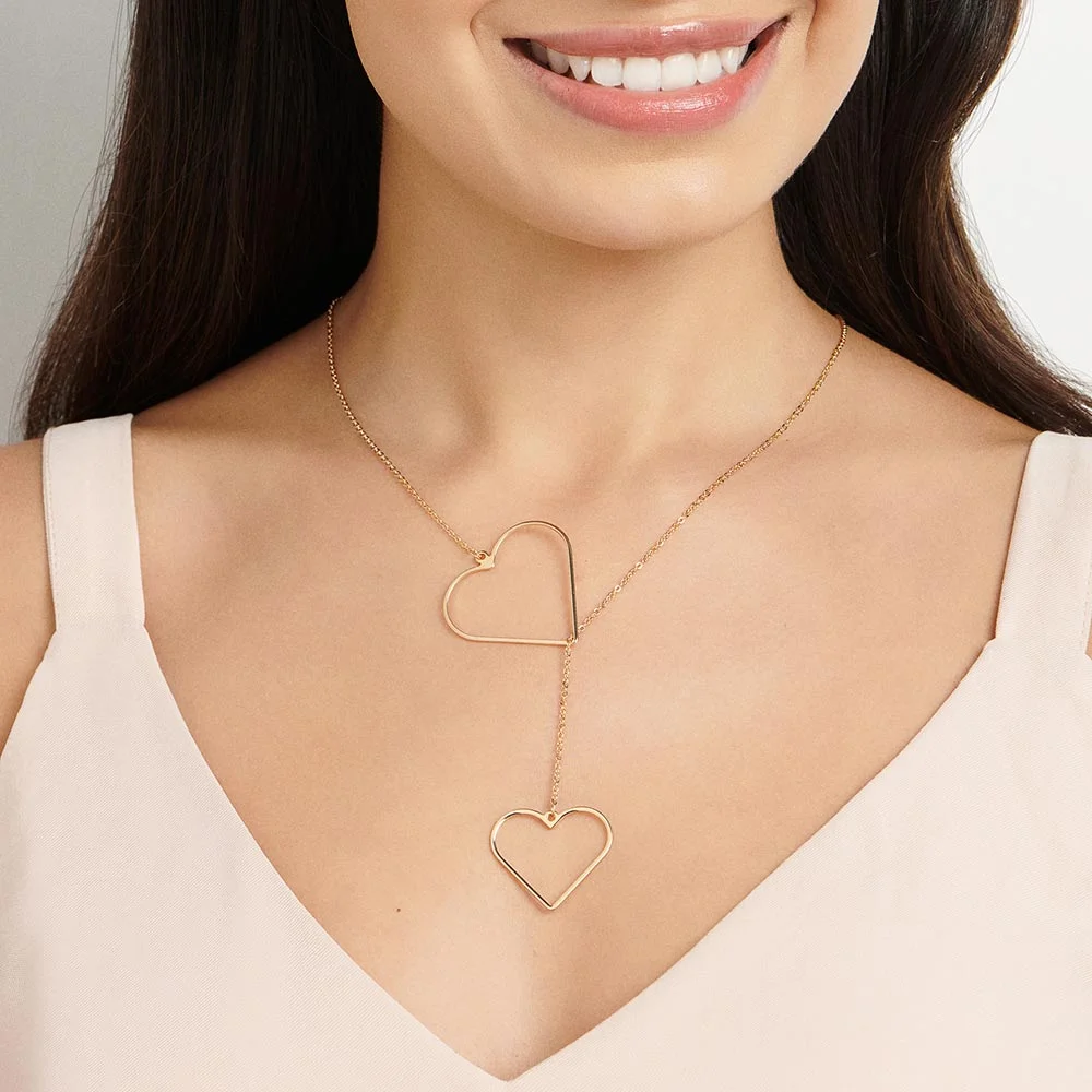 Collar Corbatín Doble Corazón Largo Enchapados en Oro 18K 3 Ofertas en Joyeria Enchapada en oro 18K