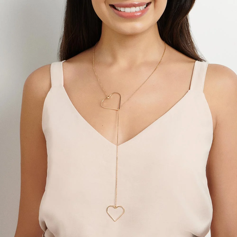 Collar Corbatín Doble Corazón Largo Enchapados en Oro 18K 4 Collar Corbatín Doble Corazón Largo Enchapados en Oro 18K - Imagen 3