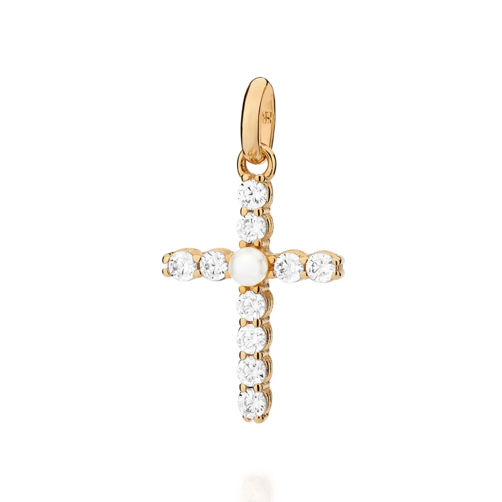 Dije de cruz con circonias y una perla enchapado en oro 18K 3 Dije Cruz