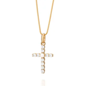 Alternative view of Dije de cruz con circonias y una perla enchapado en oro 18K
