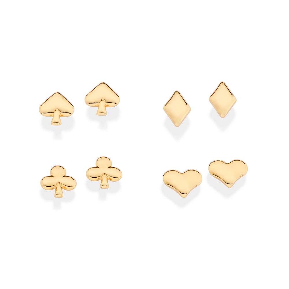 Kit de Aretes con diseños de Corazón, picas, diamantes y trébol enchapadas en Oro 18K 3 Kit de Aretes con diseños de Corazón, picas, diamantes y trébol enchapadas en Oro 18K