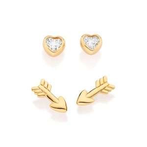 Kit de Aretes Flecha y Corazón con Circonias en Oro 18