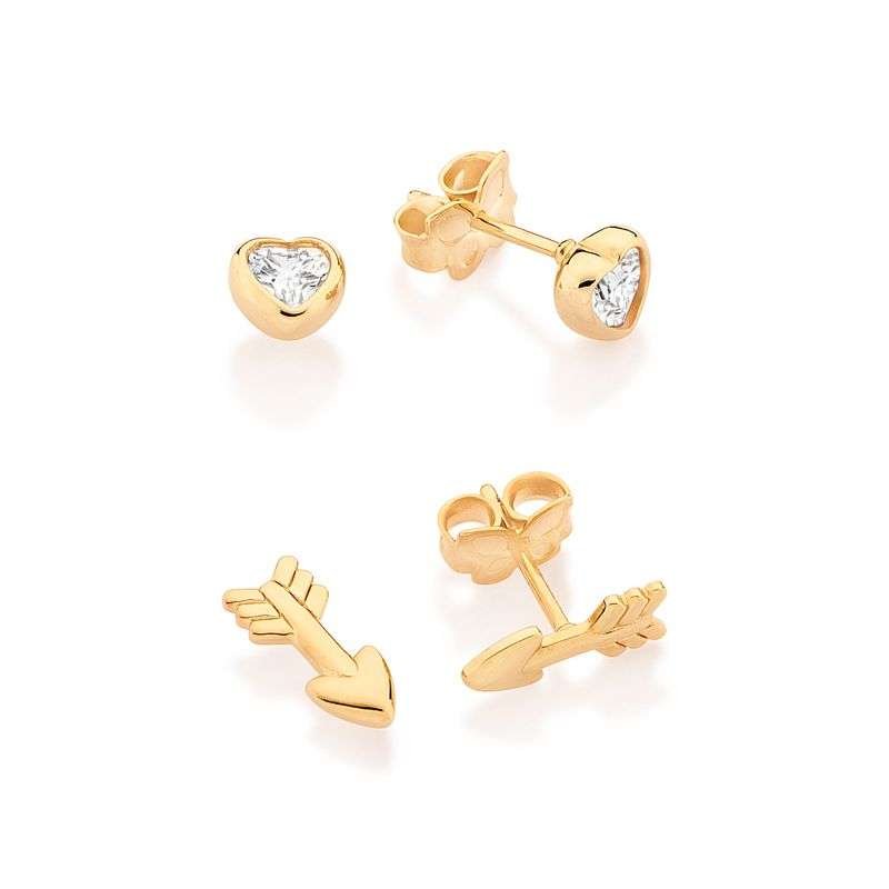 Kit de Aretes Flecha y Corazón con Circonias en Oro 18 5 Kit de Aretes Flecha y Corazón con Circonias en Oro 18 - Imagen 3