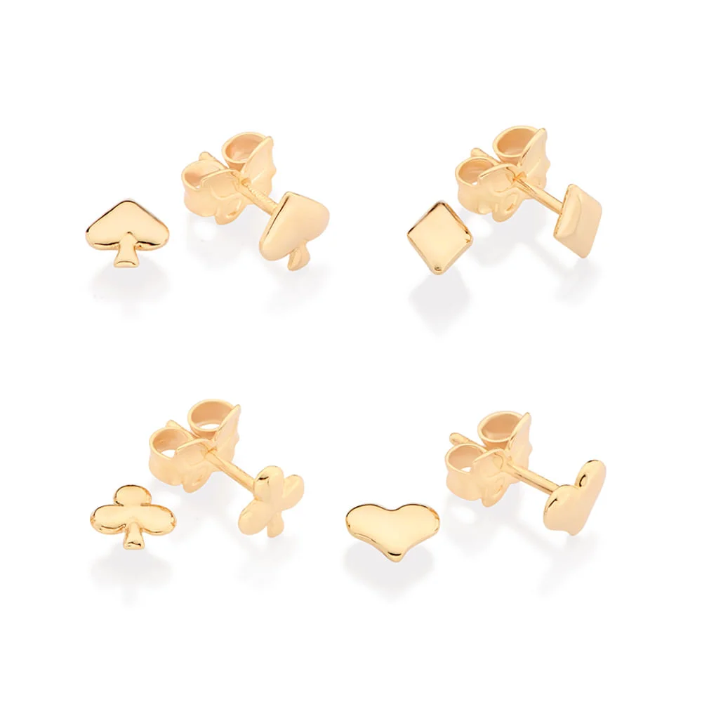 Kit de Aretes con diseños de Corazón, picas, diamantes y trébol enchapadas en Oro 18K 4 Kit de Aretes con diseños de Corazón, picas, diamantes y trébol enchapadas en Oro 18K - Imagen 2