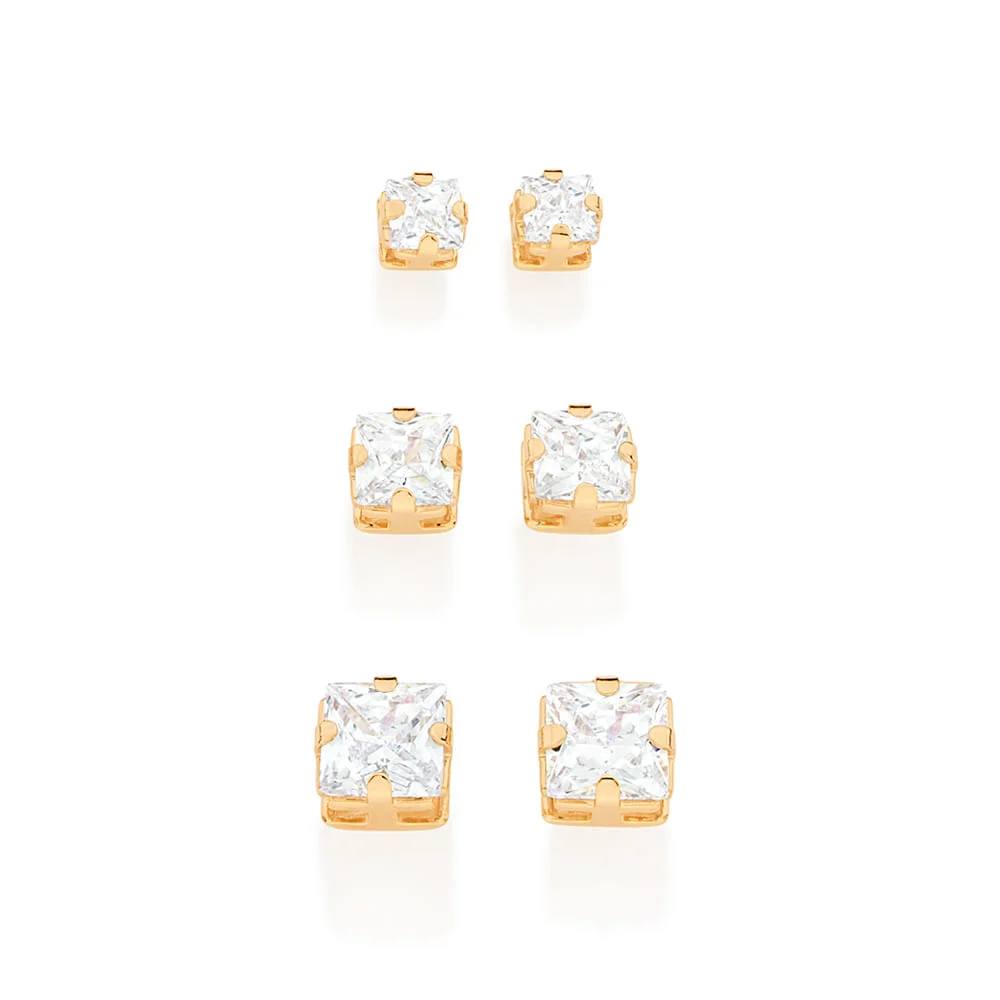 Kit de Aretes de Circonias Enchapados en Oro 18K 3 Kit de Aretes de Circonias
