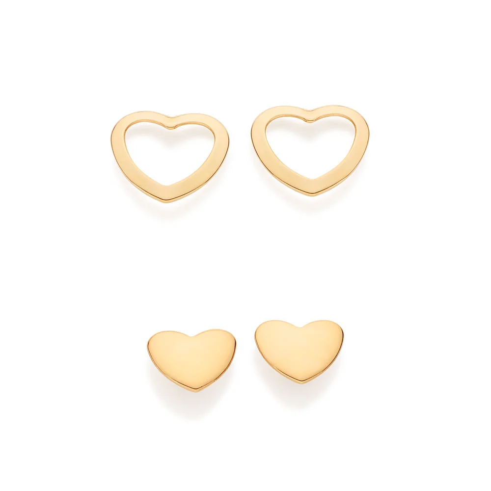 Kit de aretes de corazón liso enchapados en oro 18K 3 Aretes de Corazón Enchapados