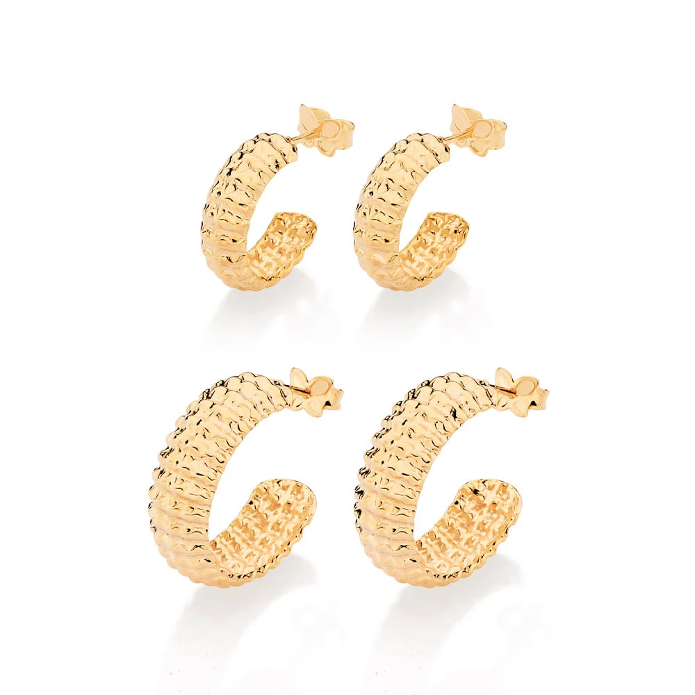 Kit de argollas de medio aro texturizados enchapadas en oro de 18k 3 Kit de argollas de medio aro texturizados enchapadas en oro de 18k