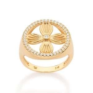 Anillo con flor y circonia enchapada en oro de 18k