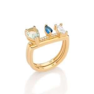 Anillo de varias formas con circonias de colores enchapadas en oro de 18k